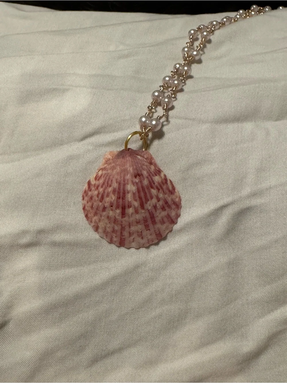 Gold Pearl Chain Necklace with Pink Shell Pendant - Picture 7 of 12